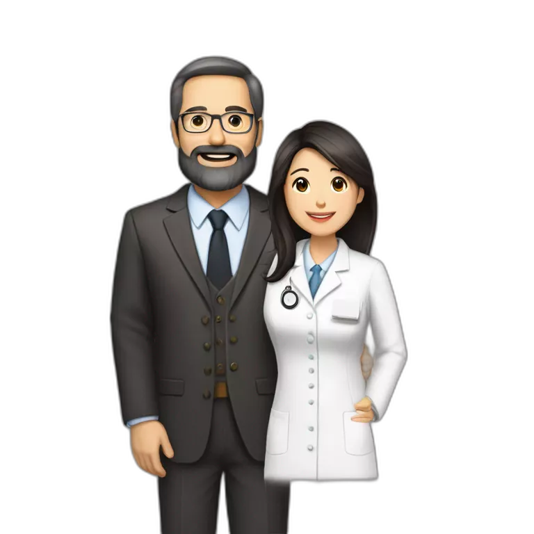 husband american age 64 dark brown hair trimmed beard wearing business suit holding bible together, wife asian age 64 black shoulder length hair wearing nurse uniform, no children