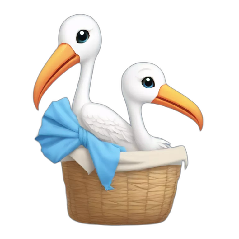 White stork carrying a blue bundle of cloth in its beak that has a human person cute baby with and the human baby head is peeking from the fabric bundle the strok is carrying with its beak