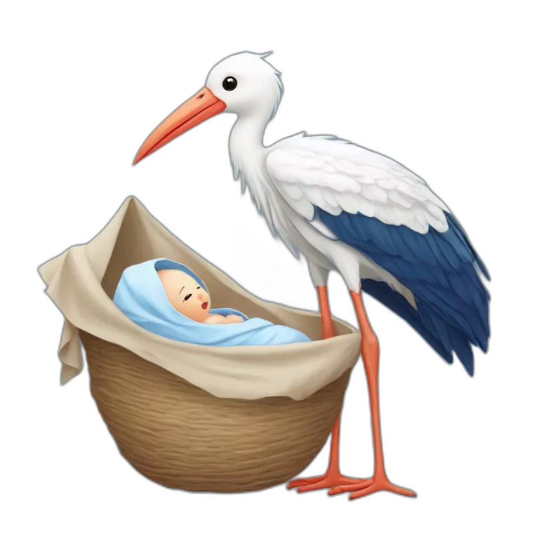 White stork carrying a blue bundle of cloth in its beak that has a human person cute baby with and the human baby head is peeking from the fabric bundle the strok is carrying with its beak