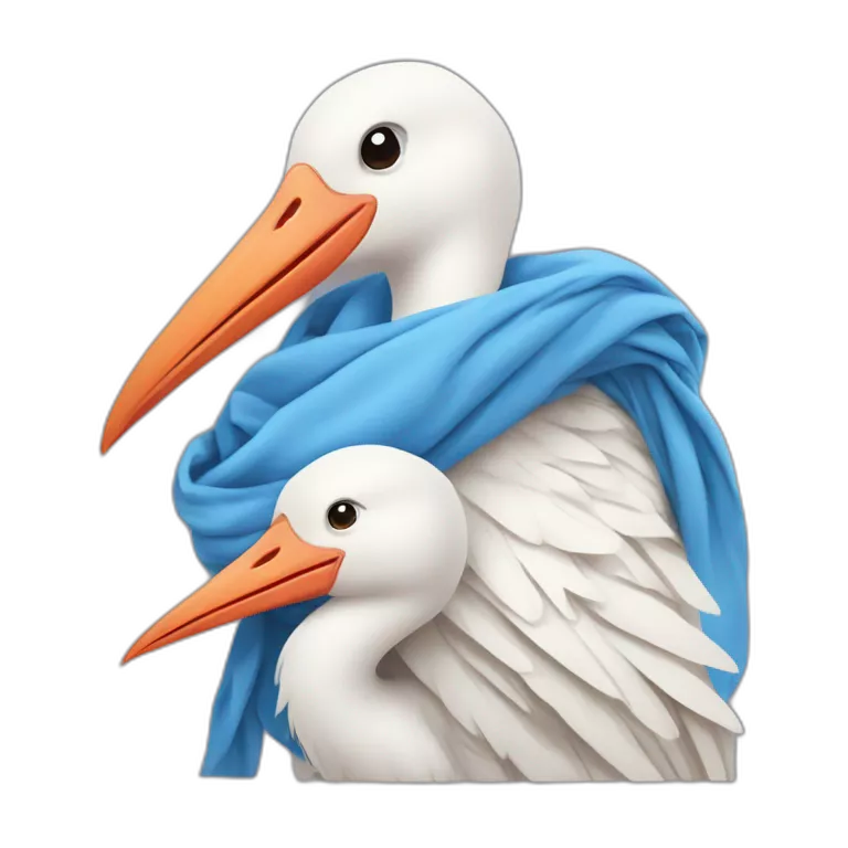 White stork carrying a blue bundle of cloth in its beak that has a human person cute baby with and the human baby head is peeking from the fabric bundle the strok is carrying with its beak