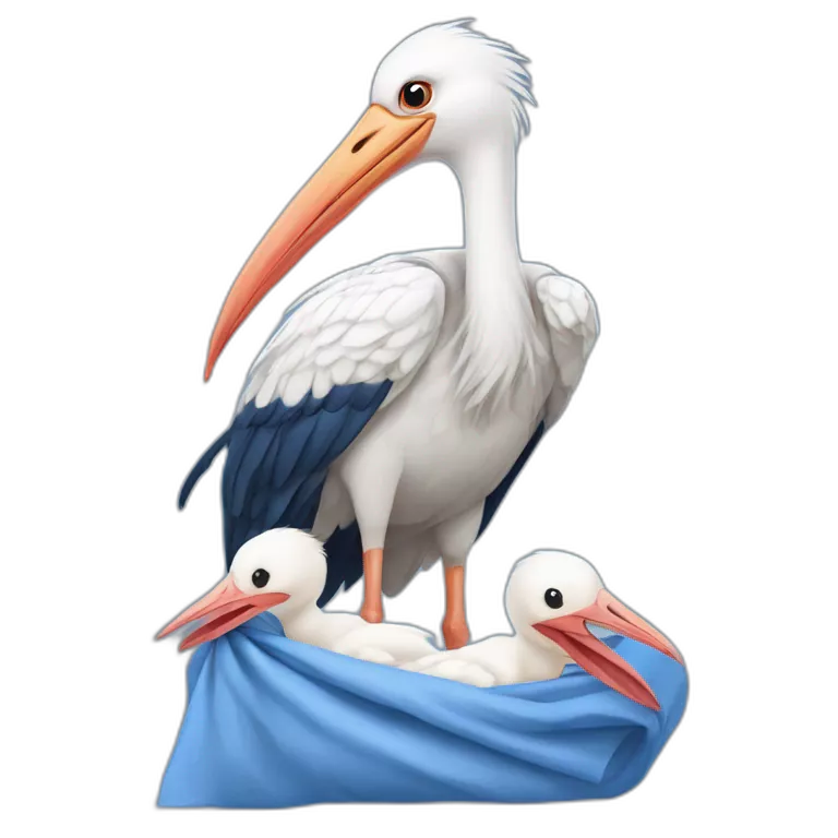 White stork carrying a blue bundle of cloth in its beak that has a human baby with and the human baby head is peeking from the fabric bundle the strok is carrying with its beak