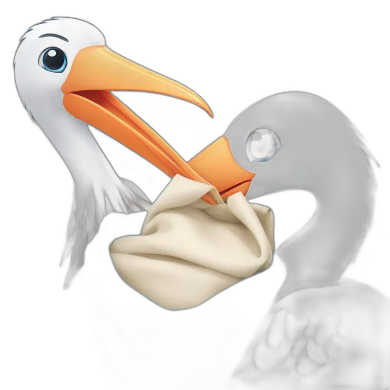 White stork carrying a blue bundle of cloth in its beak that has a human person cute baby human and the human baby head is peeking from the fabric bundle the strok is carrying in its beak