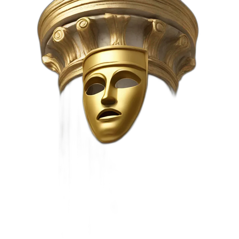 distant view of an abstract renaissance mask in a coat standing on an antique style golden greek column, 4K resolution