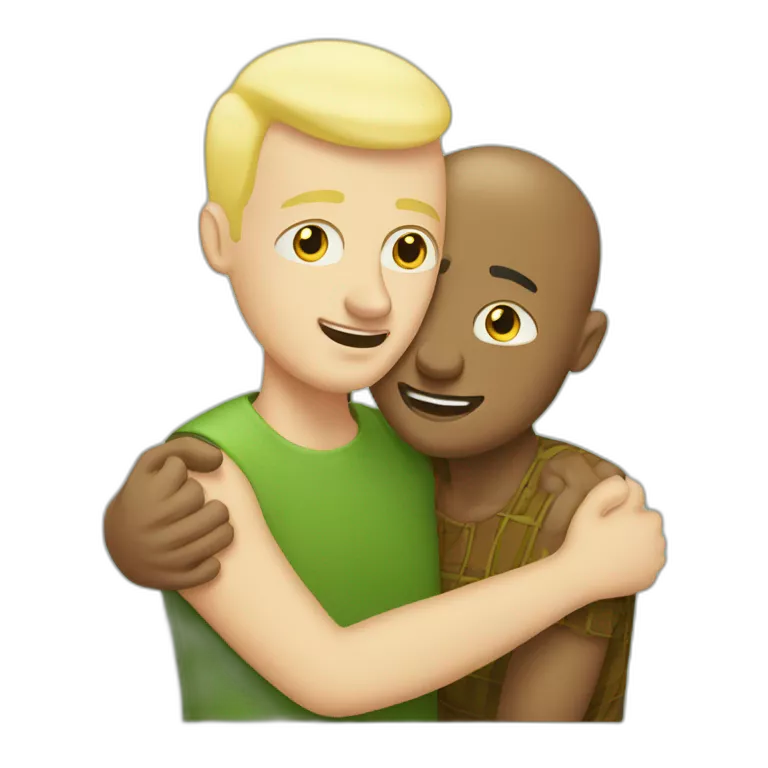 Hungarian 50s blond bald man hugs African bald 50s man
