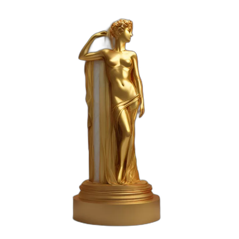 distant view of full length abstract renaissance color sculpture of a female figure with a red mask on her face standing on a shiny gold greek column from an antique setting, 4K resolution