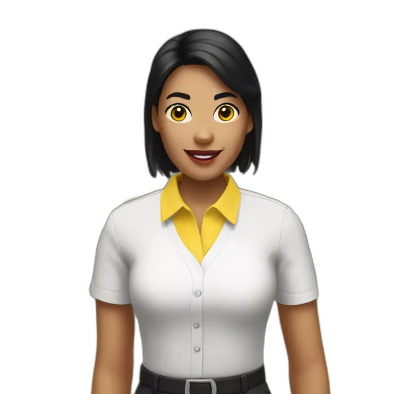 Ikea manager woman with yellow ikea shirt, black hair and white gloves and yellow shirt