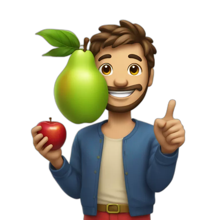 fruit man in fruit outfit smiling at the camera with an apple in his hand and pointing behind him
