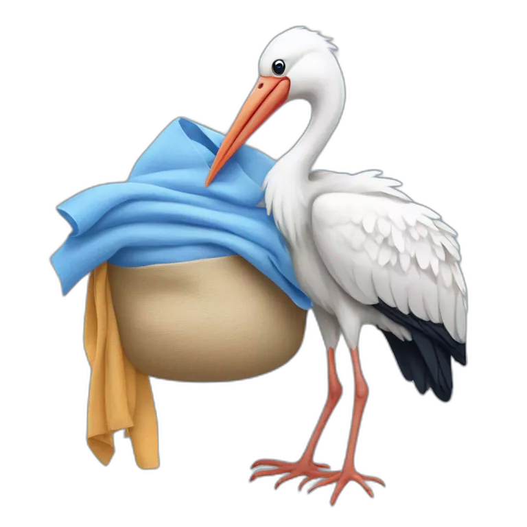 White stork carrying a blue bundle of cloth in its beak that has a human baby with and the human baby head is peeking from the fabric bundle the strok is carrying with its beak
