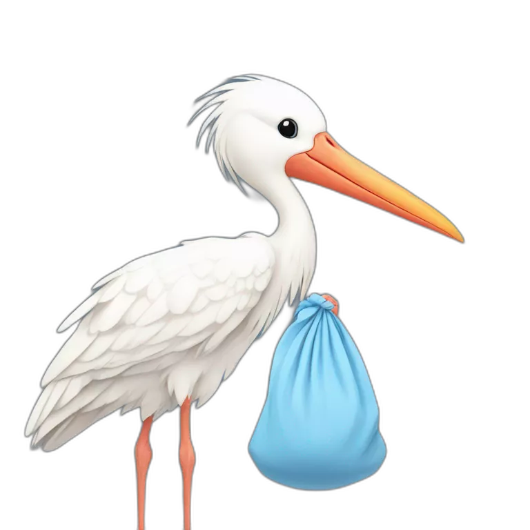 White stork carrying a blue bundle of cloth in its beak that has a human baby with and the human baby head is peeking from the fabric bundle the strok is carrying with its beak
