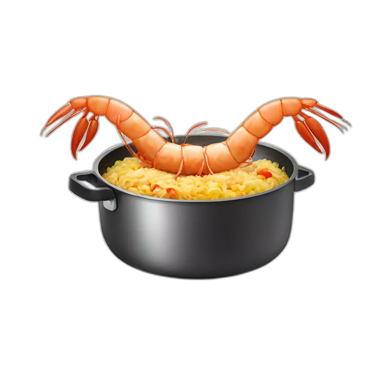 one tall shrimp dressed as a cook in an apron cooking fried rice in a skillet on a stovetop