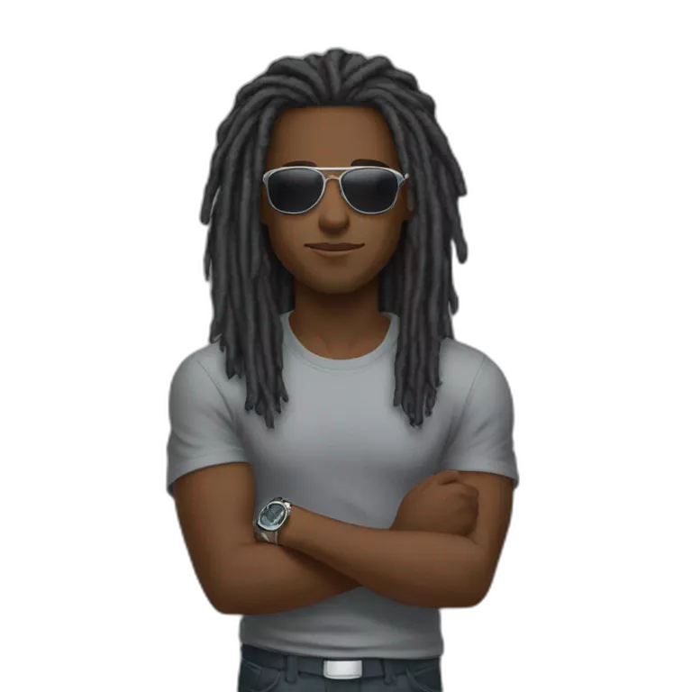 young black male with black long length dreadlocks and brown eyes, wearing grey T-shirt, having pilot sunglasses, while having crossed arms and having silver rolex on whrist