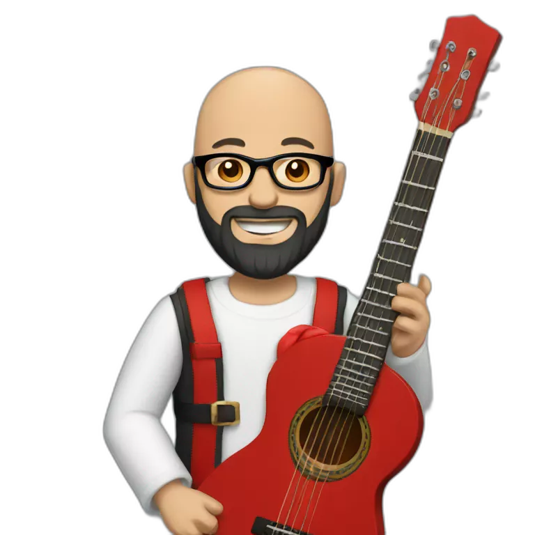 Bald Guy with santa style long black beard, glasses playing guitar