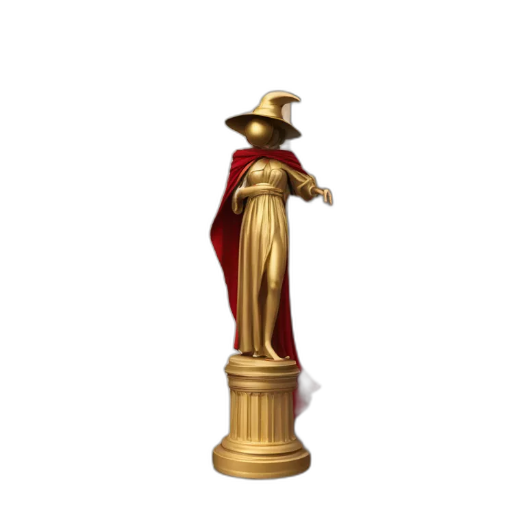 distant view of an abstract renaissance statue of a female figure in a coat with a red plague doctor's mask on her face standing on an antique style golden greek column, 4K resolution