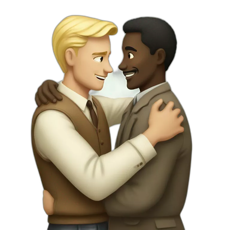 Hungarian 50s blond man hugs African 50s man