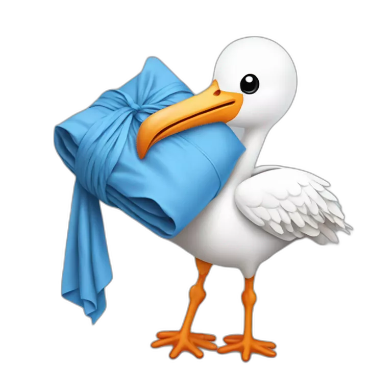 White stork carrying a blue bundle of cloth in its beak that has a human baby with and the human baby head is peeking from the fabric bundle the strok is carrying with its beak