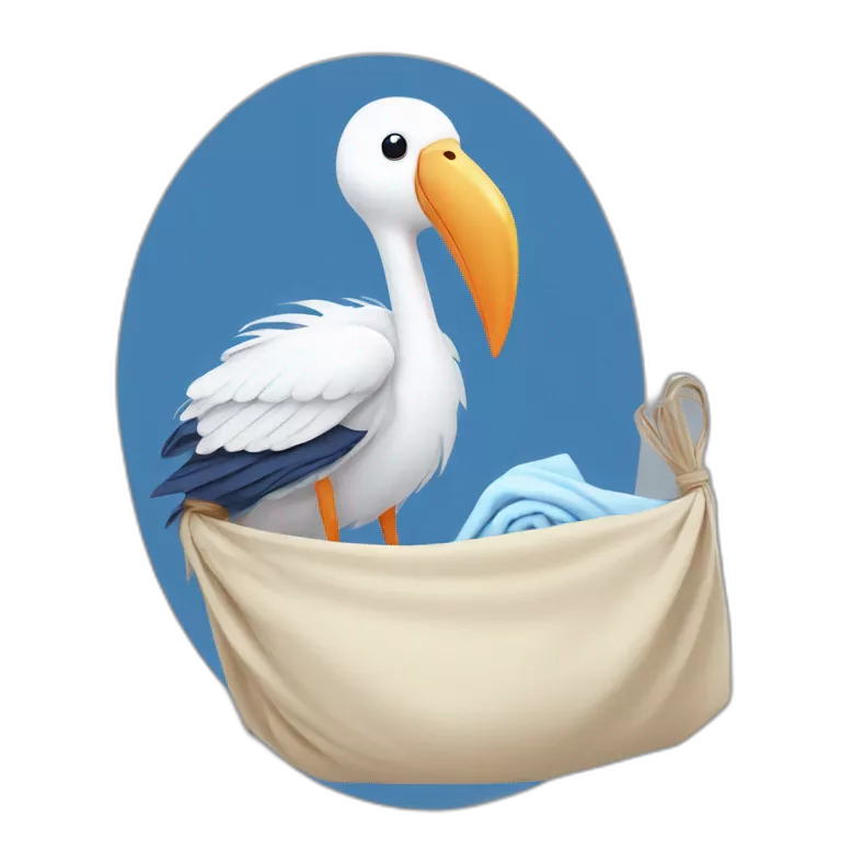 White stork carrying a blue bundle of cloth in its beak that has a human person cute baby with and the human baby head is peeking from the fabric bundle the strok is carrying with its beak