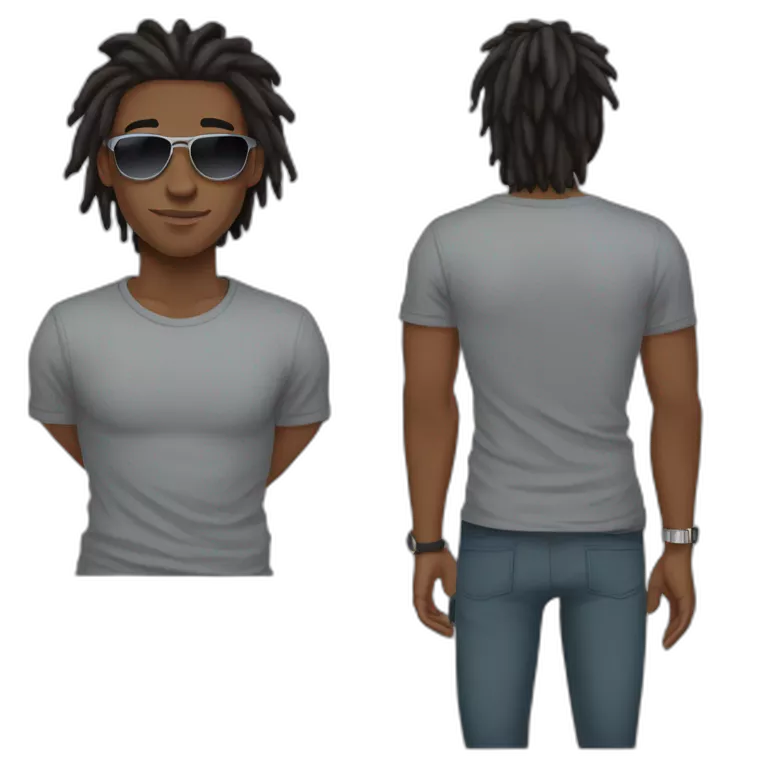 young black male with black mid length dreadlocks and brown eyes, wearing grey T-shirt, having pilot sunglasses, while having crossed arms and having silver rolex on whrist