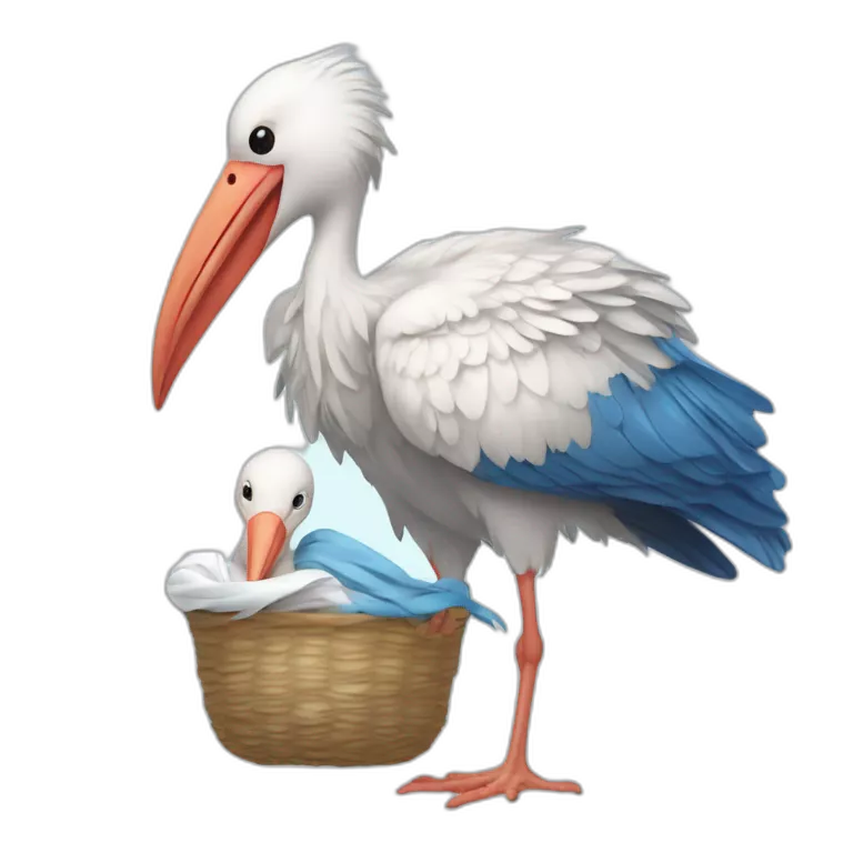 White stork carrying a blue bundle of cloth in its beak that has a human person cute baby with and the human baby head is peeking from the fabric bundle the strok is carrying with its beak