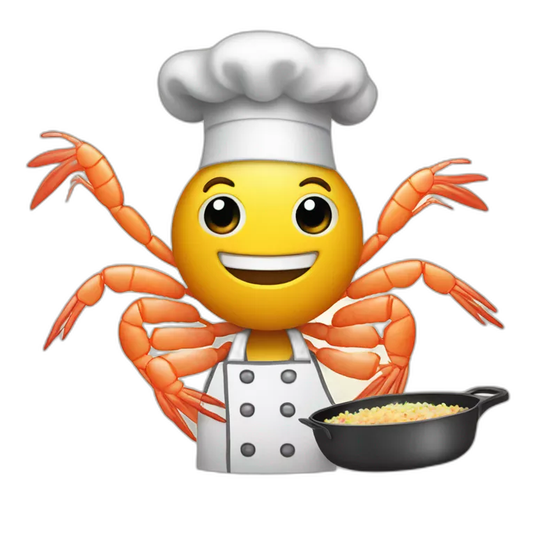 shrimp dressed as a cook cooking fried rice in a skillet