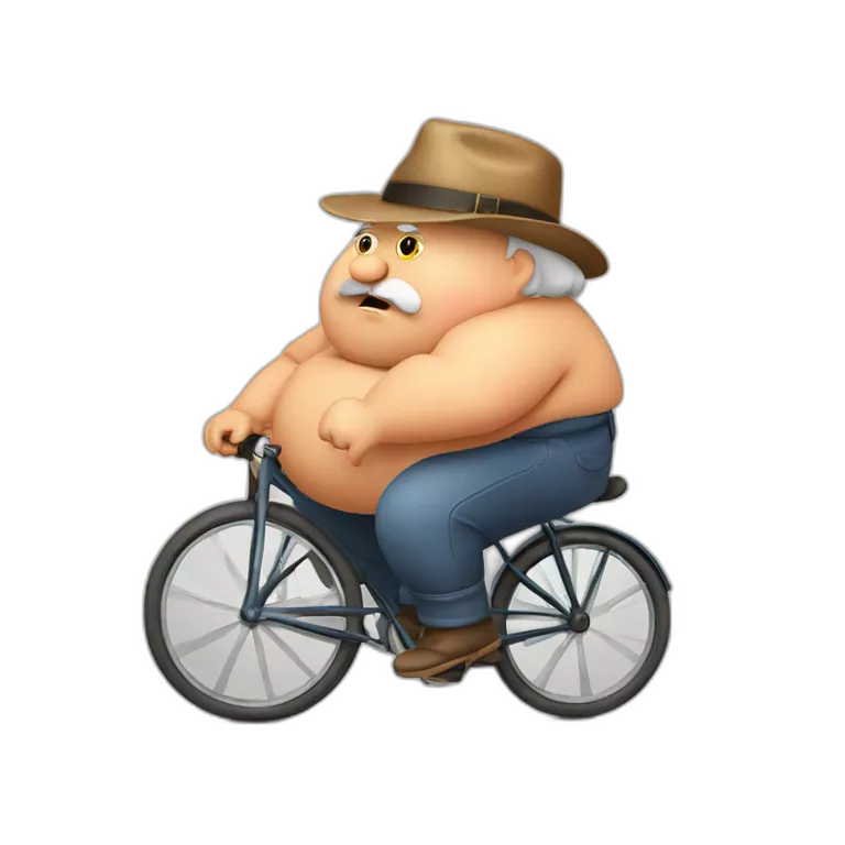 very fat grandfather. with a grandfather's hat on his head. riding an old bicycle. with a tired face.