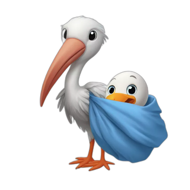 White stork carrying a blue bundle of cloth in its big beak that has a cute human person cute baby boy inside and his head is peeking from the fabric the strok is carrying in its beak