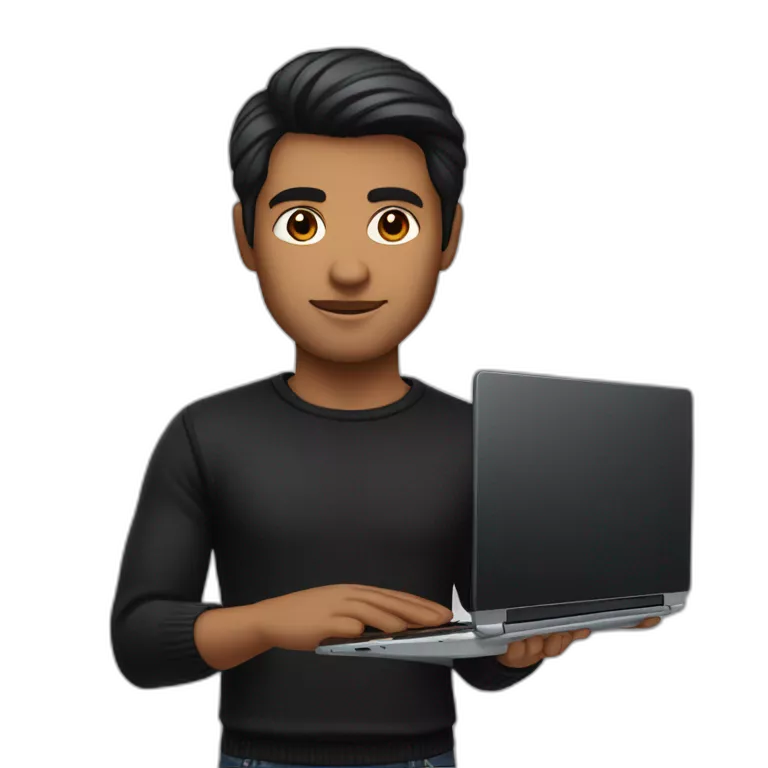 memoji of a man with a laptop in front, apple-style,modern,dark hair,black sweater,computer in hand, srilankan brown skin and dark brown eyes,