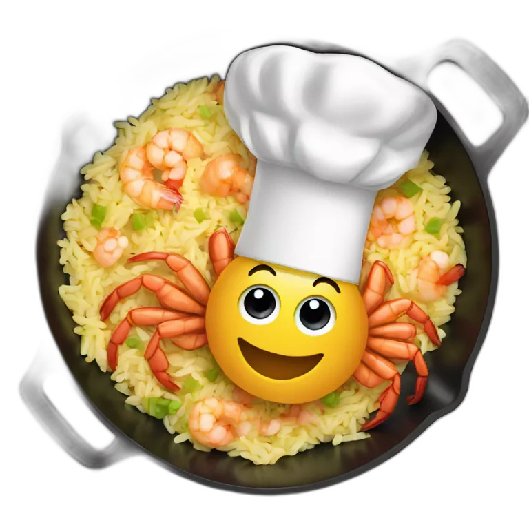 shrimp dresses as a chef cooking fried rice in a skillet
