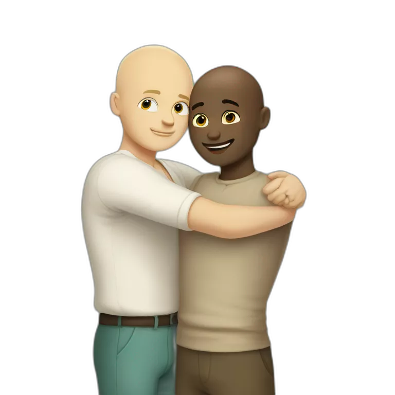 Tall Hungarian 50s blond blue eyes bald man hugs African bald 50s man