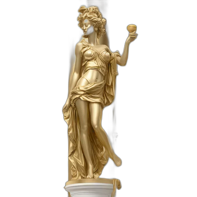 distant view of full length abstract renaissance color sculpture of a female figure with a mask on her face standing on a glistening gold greek column from an antique setting, 4K resolution