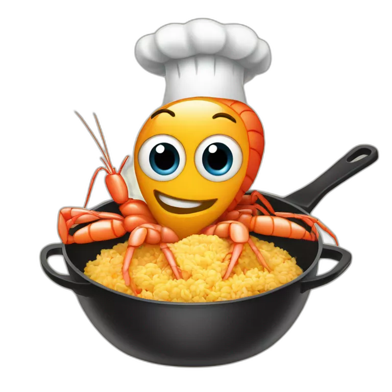 one single giant shrimp dressed as a cook cooking fried rice in a skillet