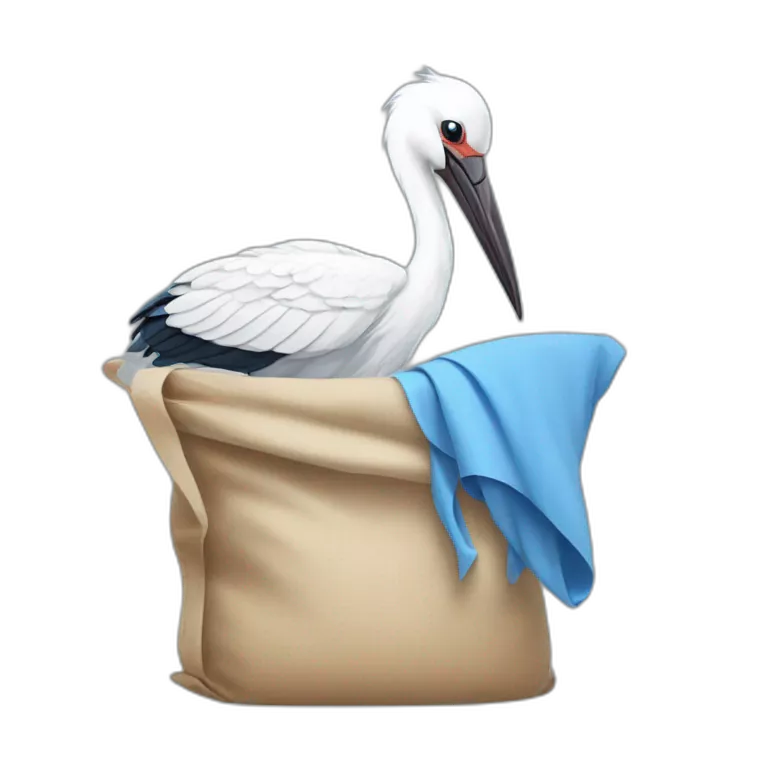 White stork carrying a blue bundle of cloth in its beak that has a human person cute baby human and the human baby head is peeking from the fabric bundle the strok is carrying in its beak