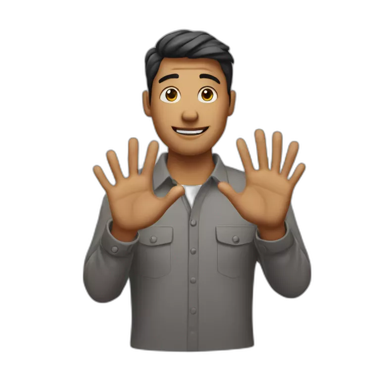 man with hands crossed in front of him. Hands in the air and 2 fingers on each hand sticking out