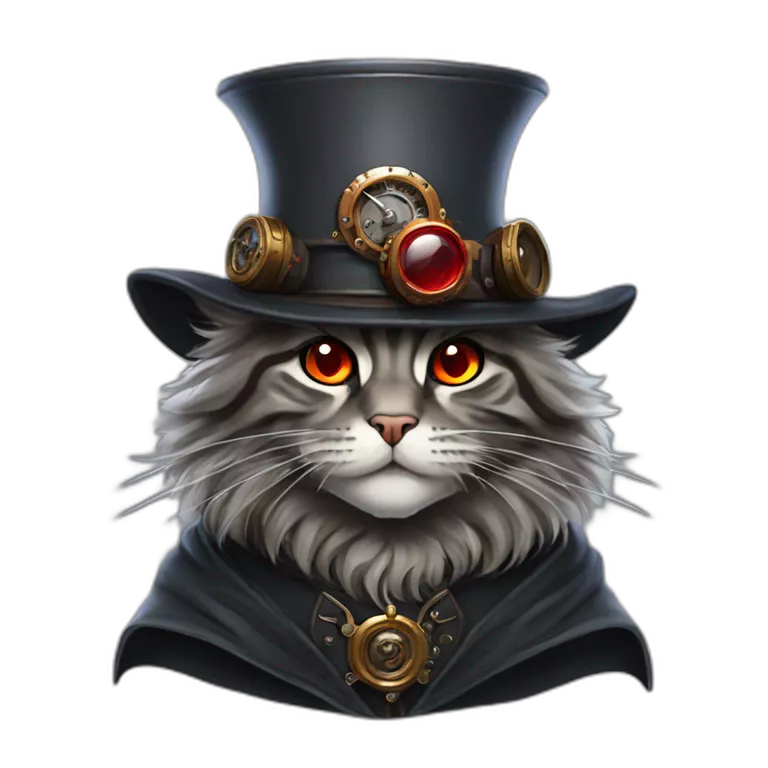 a dark grey tabby maine coon with red eyes wearing a black steampunk hat and a grey hunter cloak