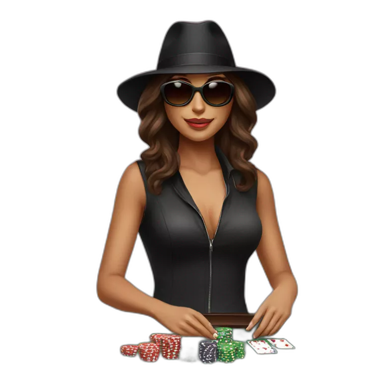 female with dark sunglasses brown wavy hair playing poker with a poker dealer hat