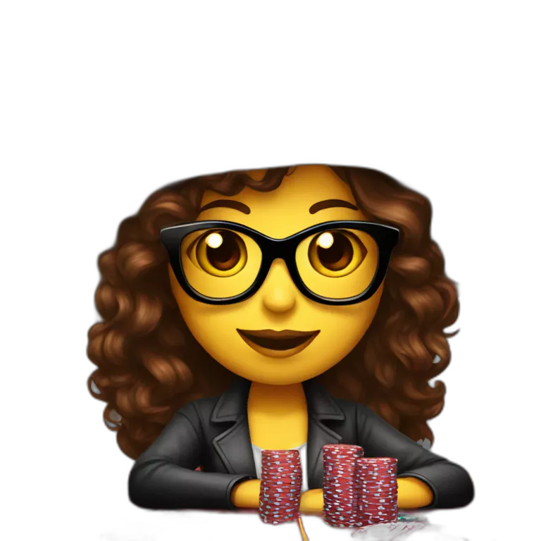 female with dark sunglasses brown wavy hair playing poker with a poker dealer hat