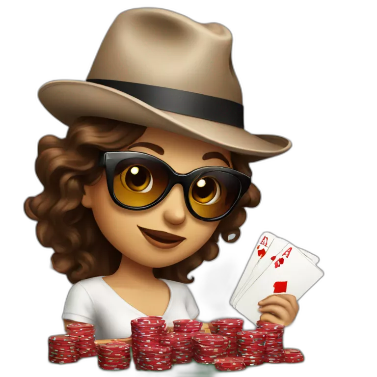 female with dark sunglasses brown wavy hair playing poker with a poker dealer hat