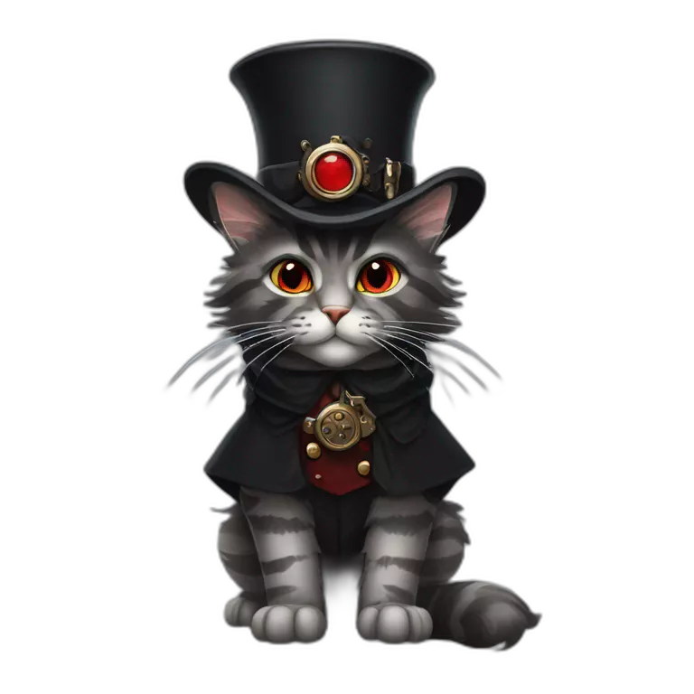 a dark grey tabby maine coon with red eyes wearing a black steampunk hat and a grey hunter cloak