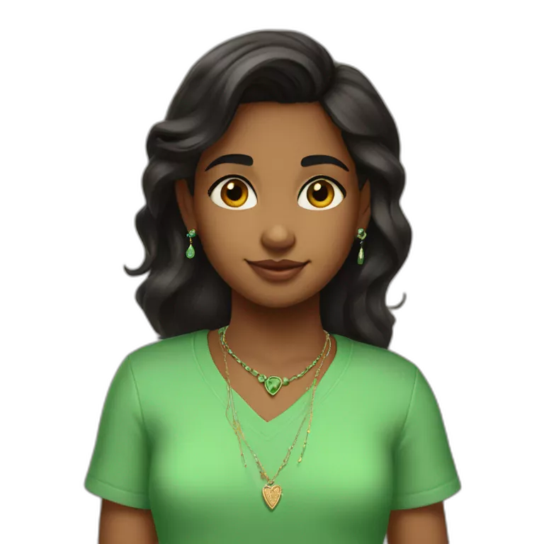 brown skinned black hair indian girl wearing a green shirt that says fifth grade with stud earrings and a necklace that says nila in cursive