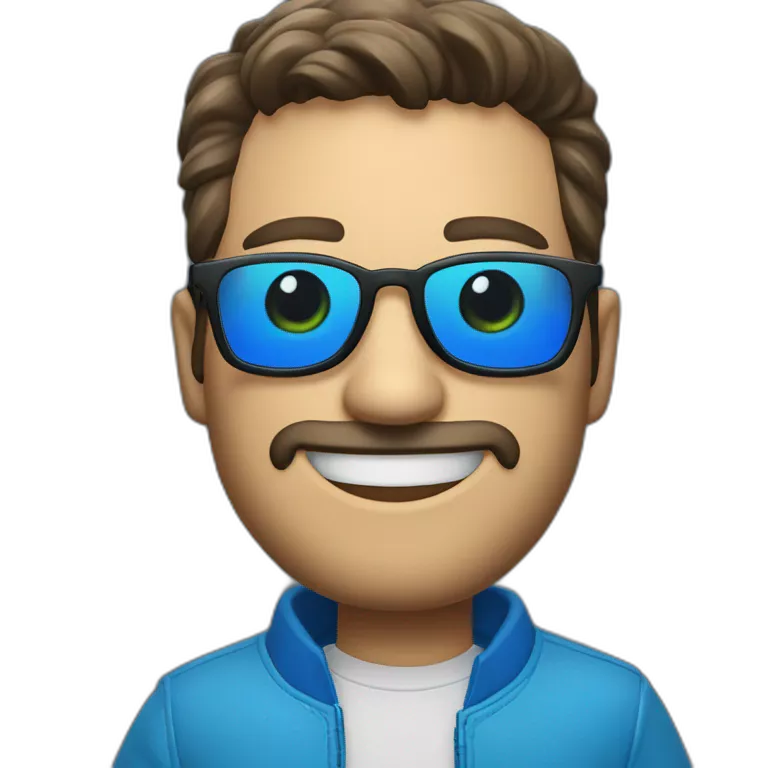 Un hombre rubio con chaqueta azul con manchas blancas en su chaqueta feliz con lentes lasers de color azul