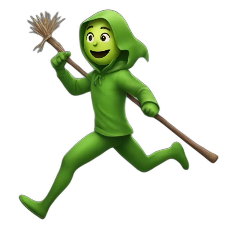 A green person holding a stick and running after a thief