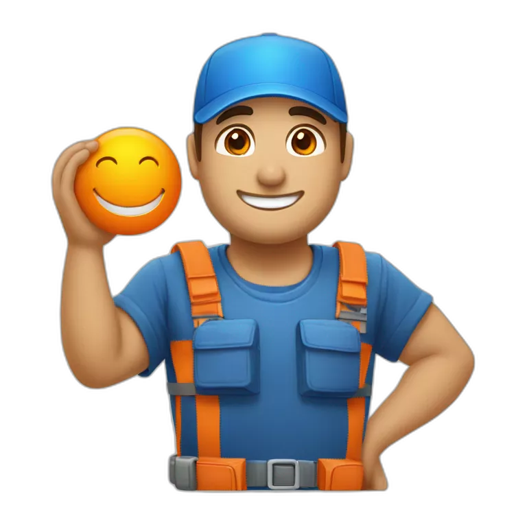 Técnico que repara electrodomésticos, con una gorra naranja y una camisa azul con blanco, feliz con una sonrisa.