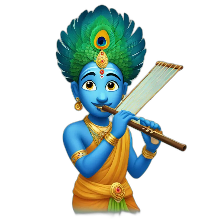 Krishna playing flute with peacock feather on head