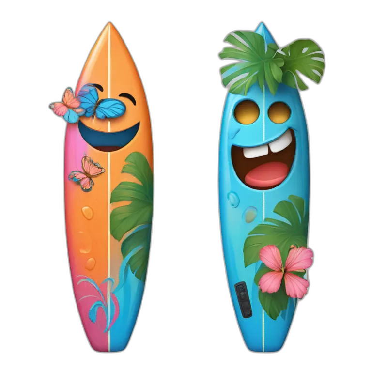 A surfboard Cartoon Blue and orange tiki smiling with butterfly and and Cartoon Blue and pink tiki singing with butterfly and mikrophone