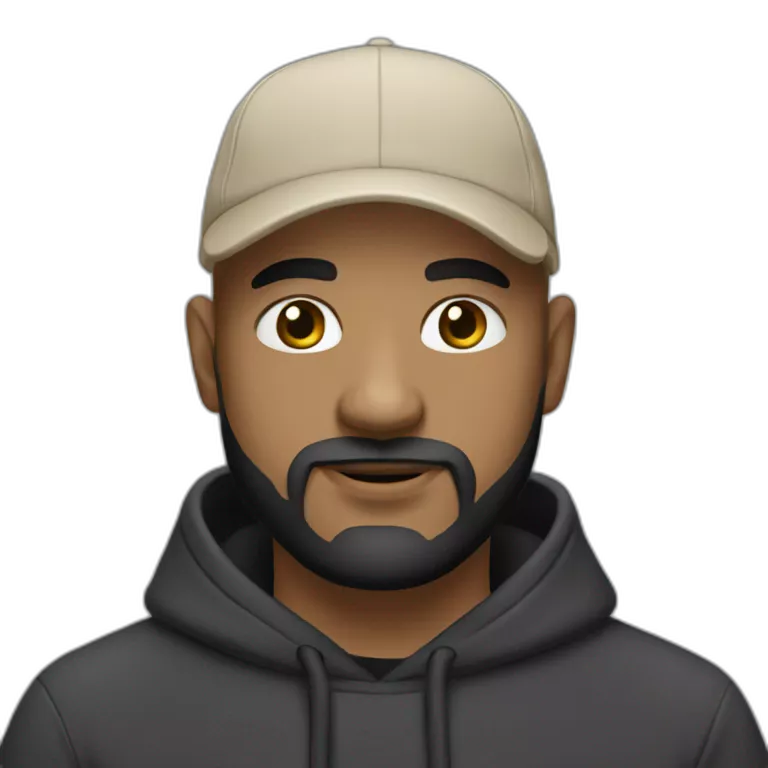 bald man with black (short) beard and no glasses in a black hoodie wearing a light beige cap