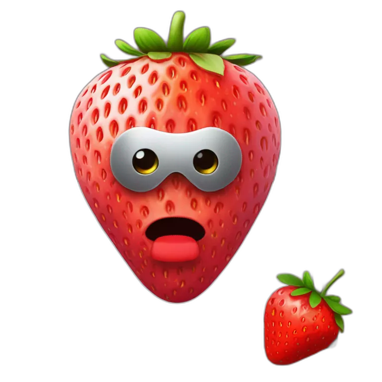 a strawberry with the body of a man with eyes a mouth a nose and everything else the strawberry is in front of a computer with a mask that hides his eyes so that we don't recognize his face