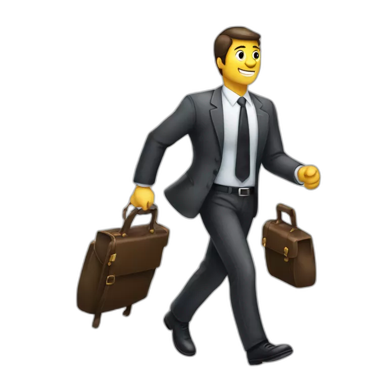 hombre empresario caminando con una maleta en la mano, y con cara enojada