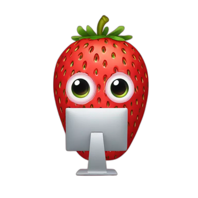 a strawberry with the body of a man with eyes a mouth a nose and everything else the strawberry is in front of a computer with a mask that hides his eyes so that we don't recognize his face