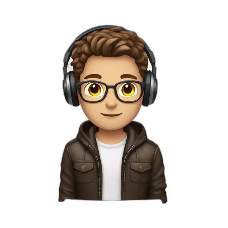 boy with bookish hairstyle, brown hair, white T-shirt, open leather jacket, with headphones.