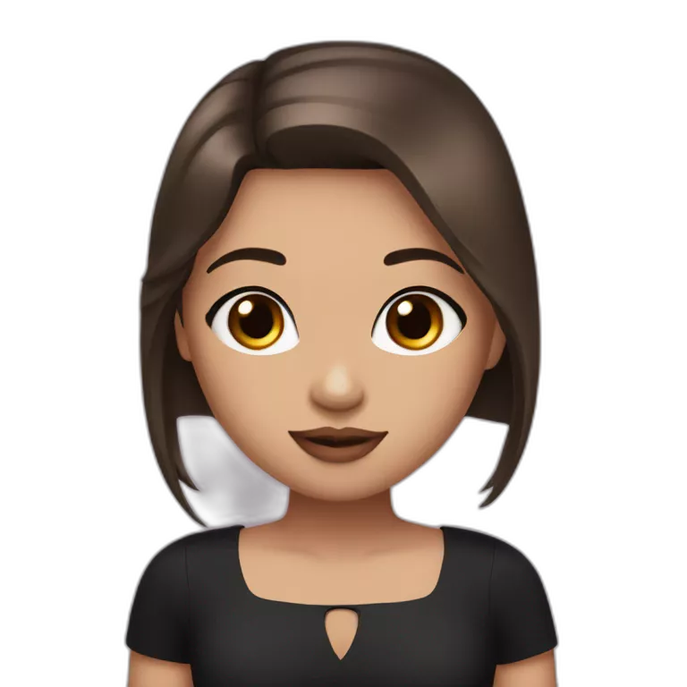A girl with brown eyes, long straight brown hair, plump pink lips in a black dress