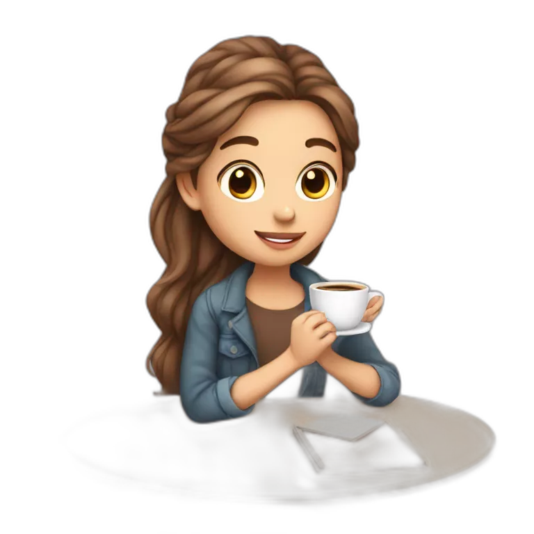 Cute girl full body skin is light and hair are flowing studying and sipping coffee